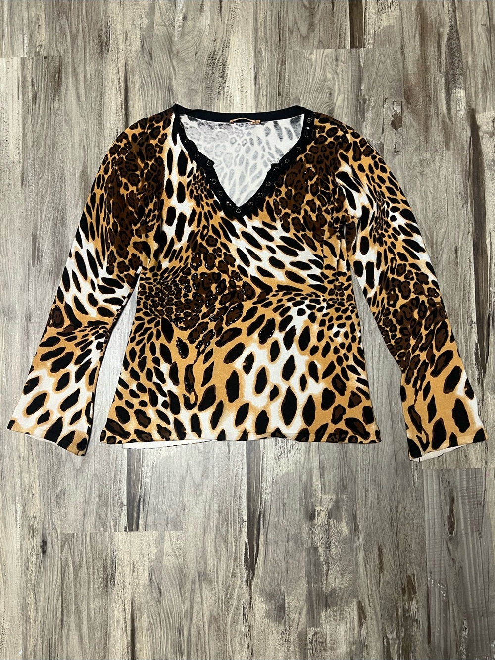 Belldini Y2K Glam Leopard Print Embellished V-Neck Knit Sweater Top L